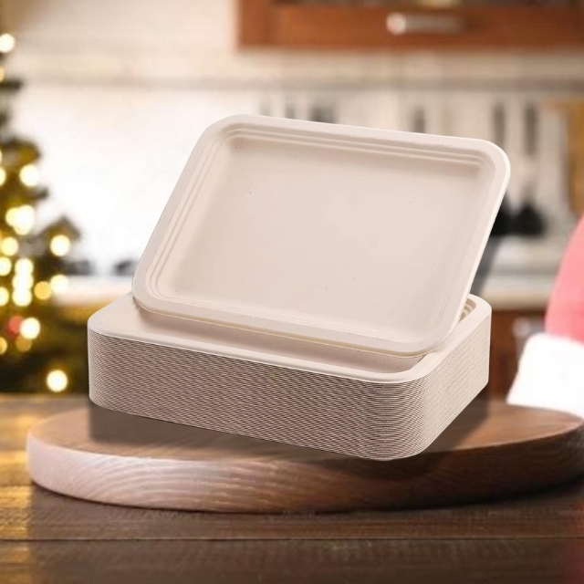 จานอาหารกระดาษสี่เหลี่ยม ถาดอาหารจานอาหารชานอ้อย ย่อยสลายได้ สีครีม 14นิ้ว