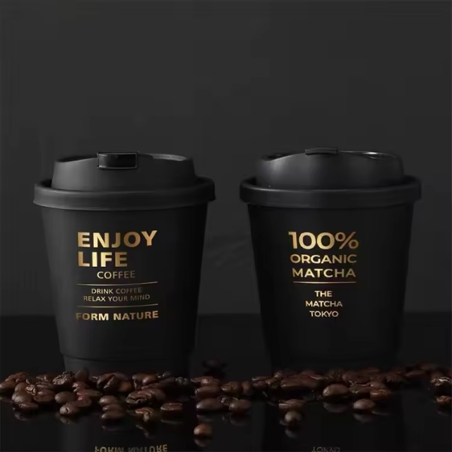 แก้วกาแฟร้อน แก้วกระดาษ แก้วกาแฟสีดำ พิมพ์ลาย และ ฝาปิด 8oz/12oz/14oz/16oz/22oz