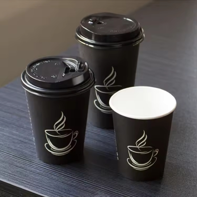 แก้วกาแฟร้อน แก้วกระดาษ แก้วกาแฟสีดำ พิมพ์ลาย และ ฝาปิด 8oz/12oz/14oz/16oz/22oz