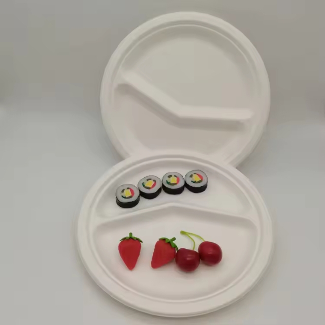 จานกระดาษ ถาดอาหาร 2 หลุม จานชานอ้อย ย่อยสลายได้ สีครีม 9นิ้ว