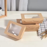 กล่องกระดาษคราฟท์ กล่องใส่อาหารกลางวัน ที่มีหน้าต่าง PP PET 25oz/26oz/46oz/51oz/69oz/98oz 