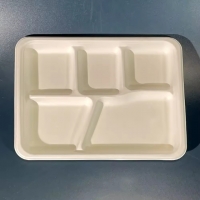 จานกระดาษ ถาดอาหารสี่เหลี่ยมผืนผ้า 5 ช่อง จานชานอ้อย ย่อยสลายได้ สีครีม 10.4นิ้ว 